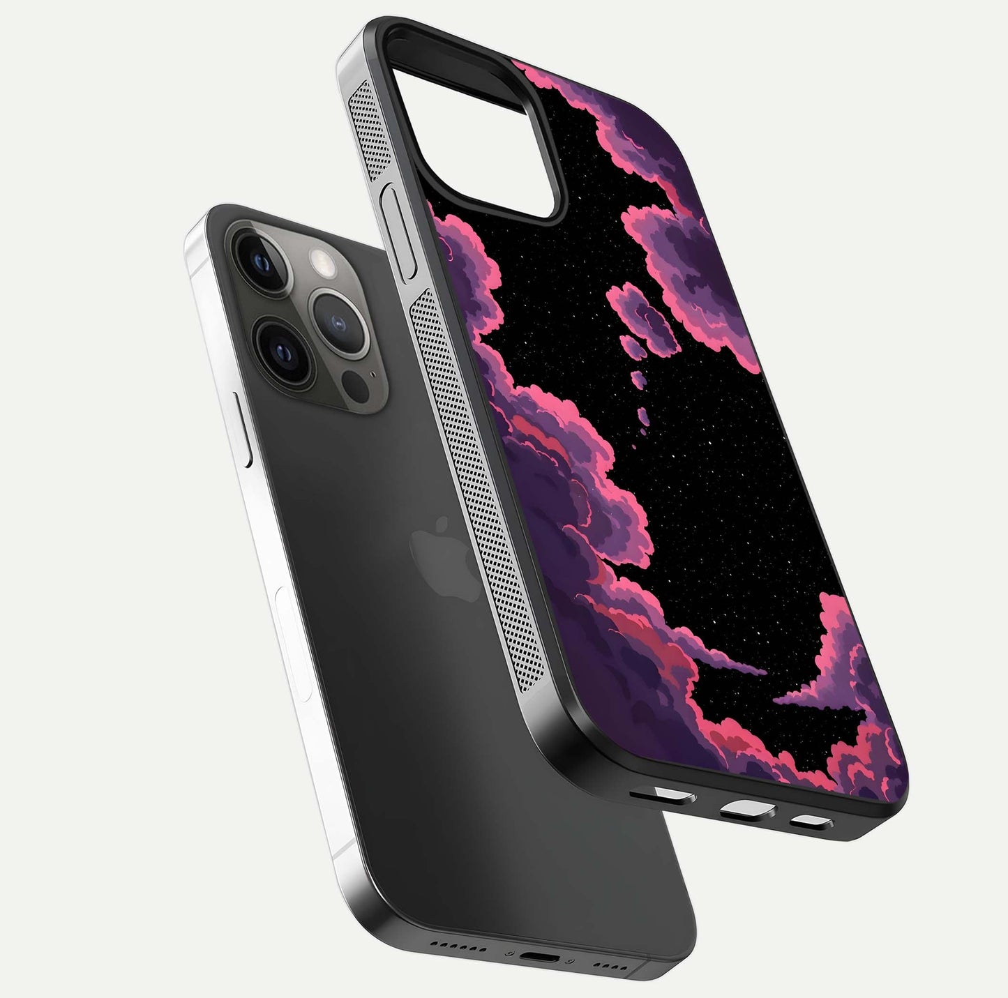 Cosmic Cloud Journey Glass Case for iPhone 12 Pro Max floating mockup showing HD gloss and cosmic gradient