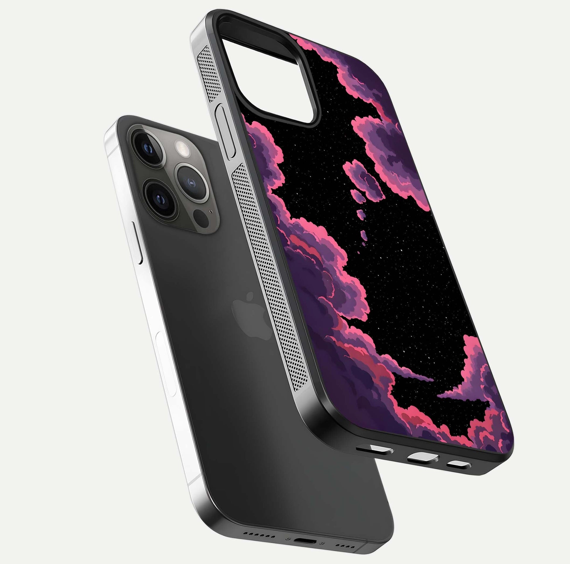 Cosmic Cloud Journey Glass Case for iPhone 12 Pro Max floating mockup showing HD gloss and cosmic gradient
