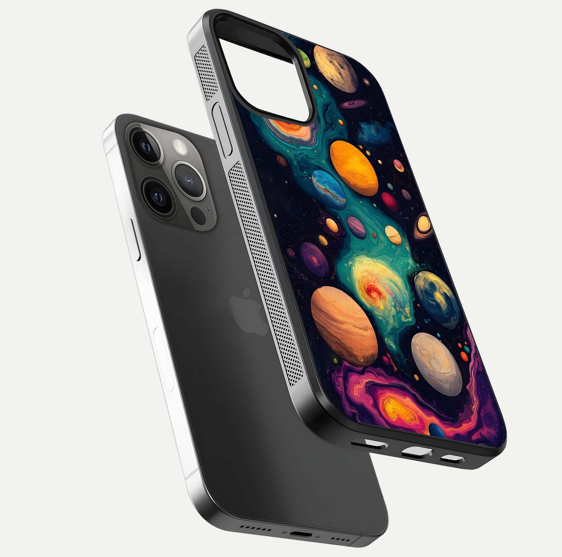 Cosmic Planet Journey Glass Case for iPhone 12 Pro Max floating mockup showing gloss gradient and deep shine