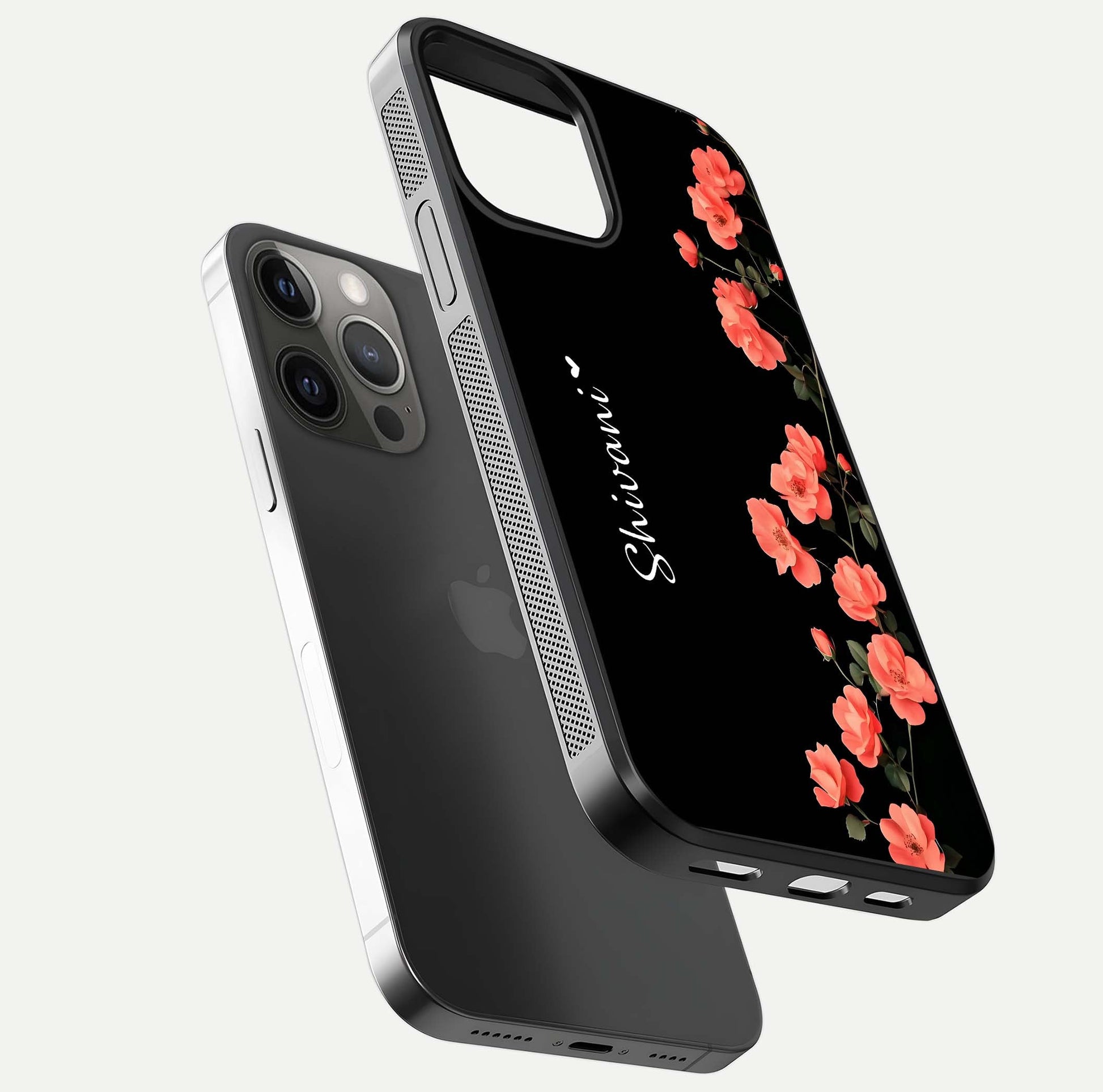 Crimson Bloom Grace Custom Name Glass Case for iPhone 12 Pro Max floating mockup showing HD gloss and floral tones