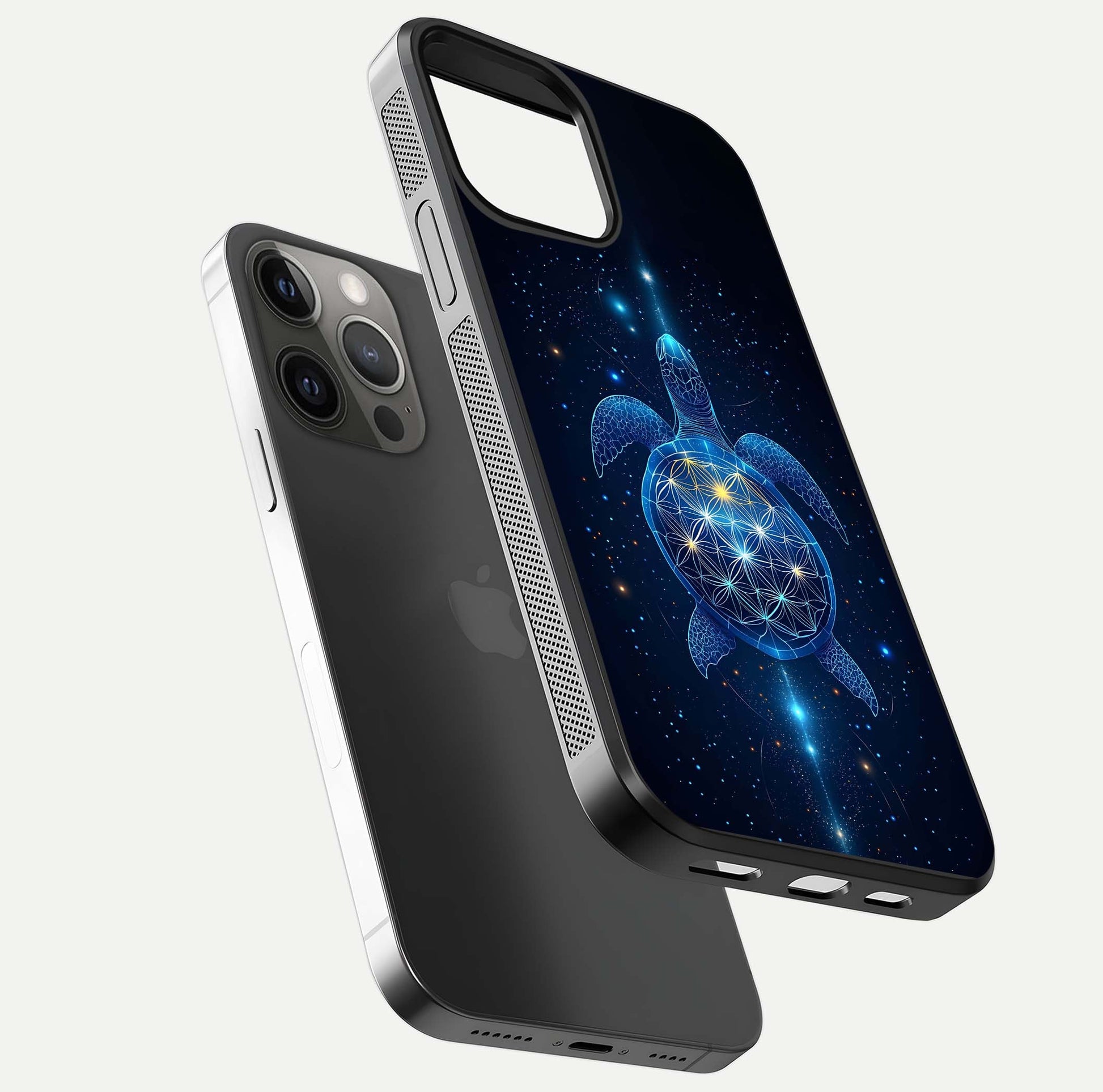 Crimson Blue Turtle Glass Case for iPhone 12 Pro Max floating mockup showing reflection polish and deep hues
