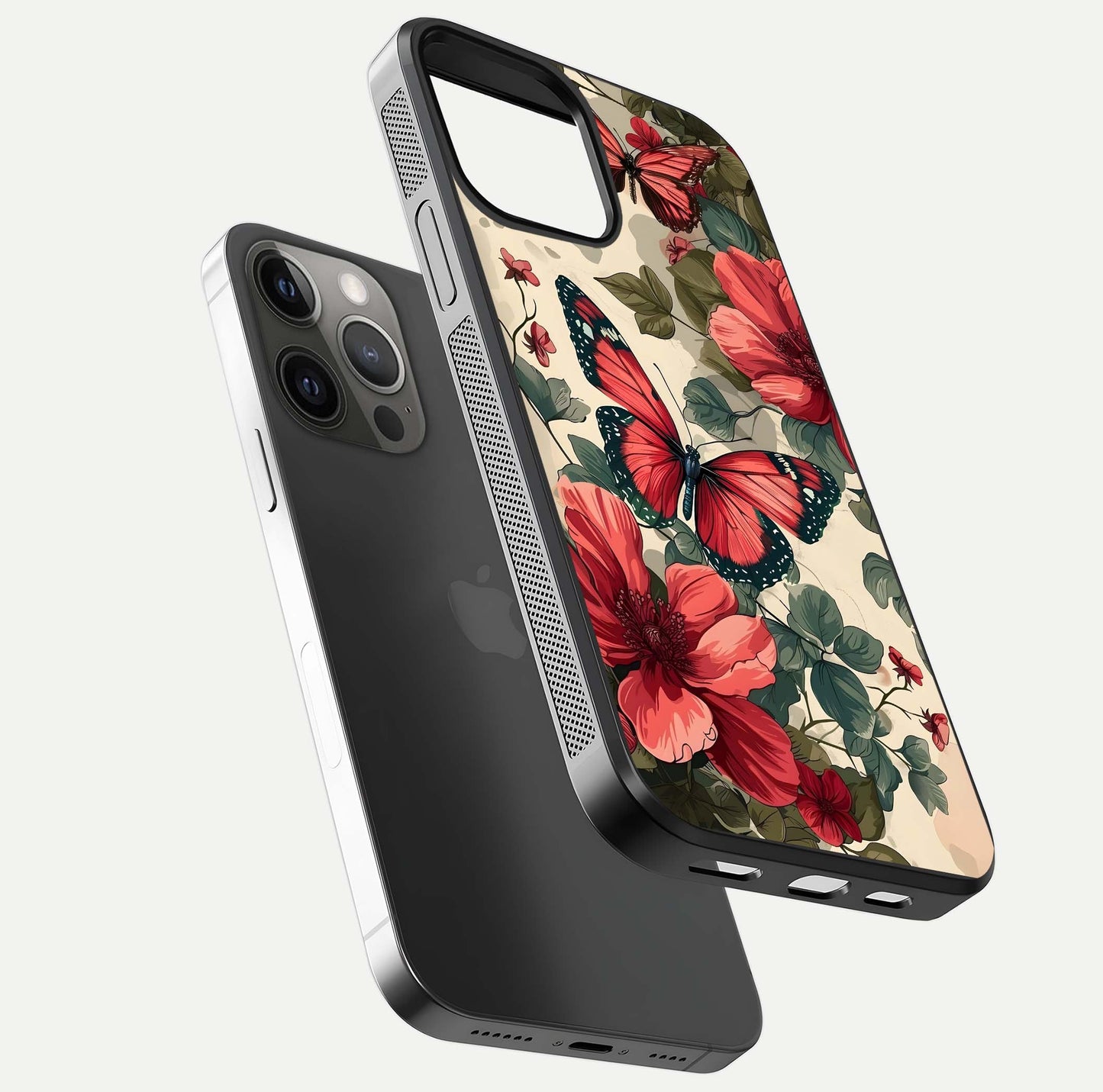 Crimson Butterfly Garden Glass Case for iPhone 12 Pro Max floating mockup showing HD gloss and vivid art