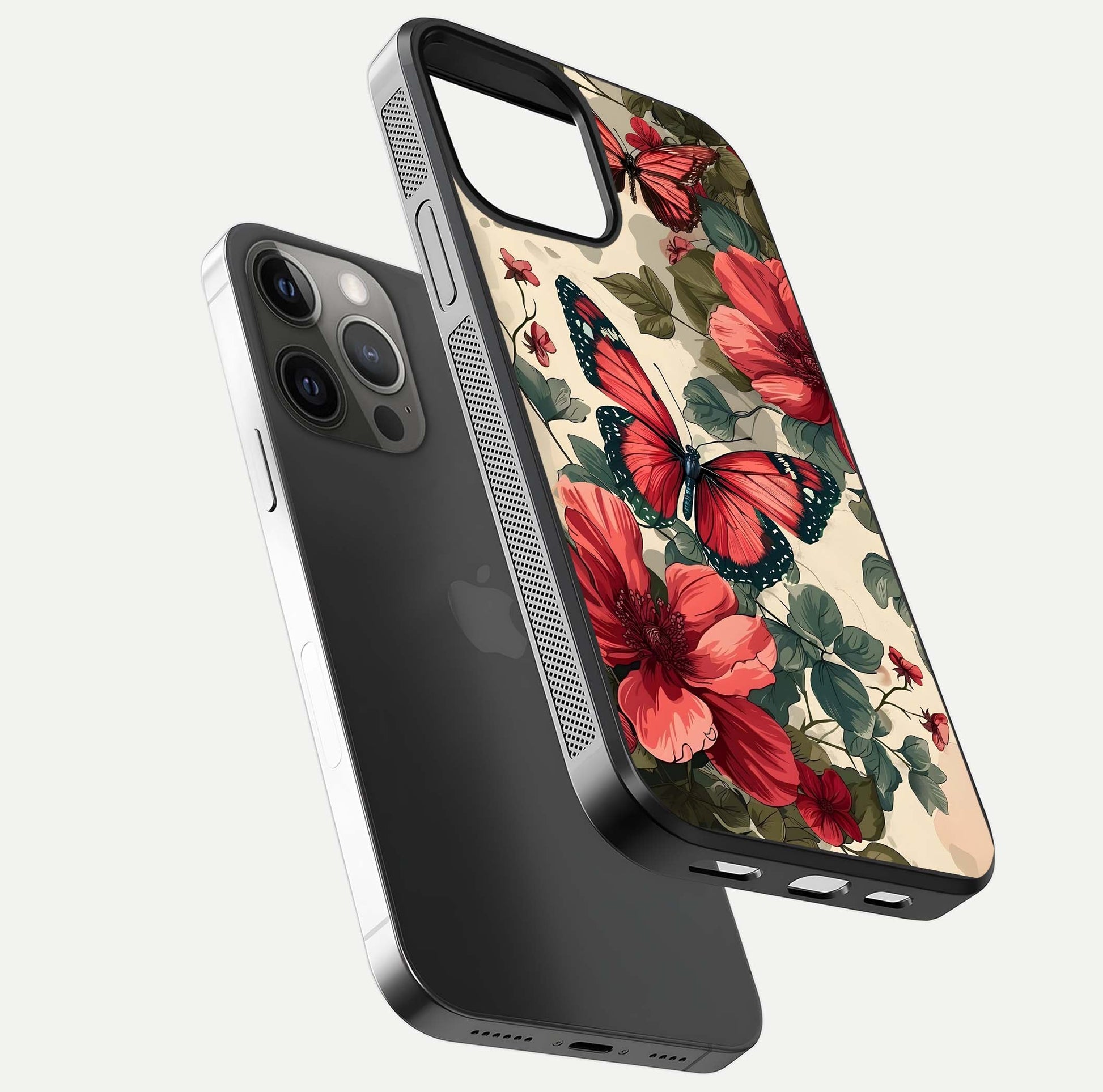 Crimson Butterfly Garden Glass Case for iPhone 12 Pro Max floating mockup showing HD gloss and vivid art