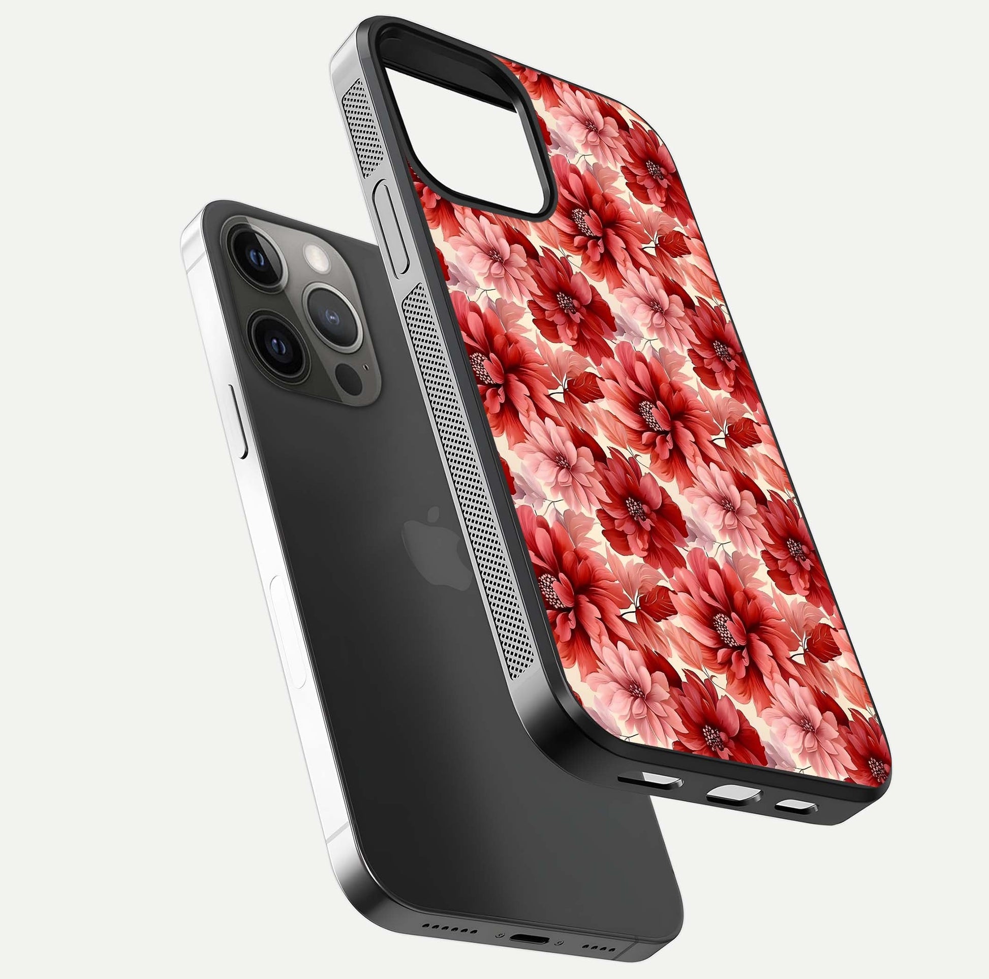 Crimson Love Petals Glass Case for iPhone 12 Pro Max floating mockup showing HD gloss and vivid detail