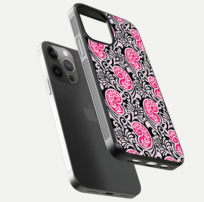 Crimson Paisley Charm Glass Case for iPhone 12 Pro Max floating mockup showing gloss shine and texture clarity