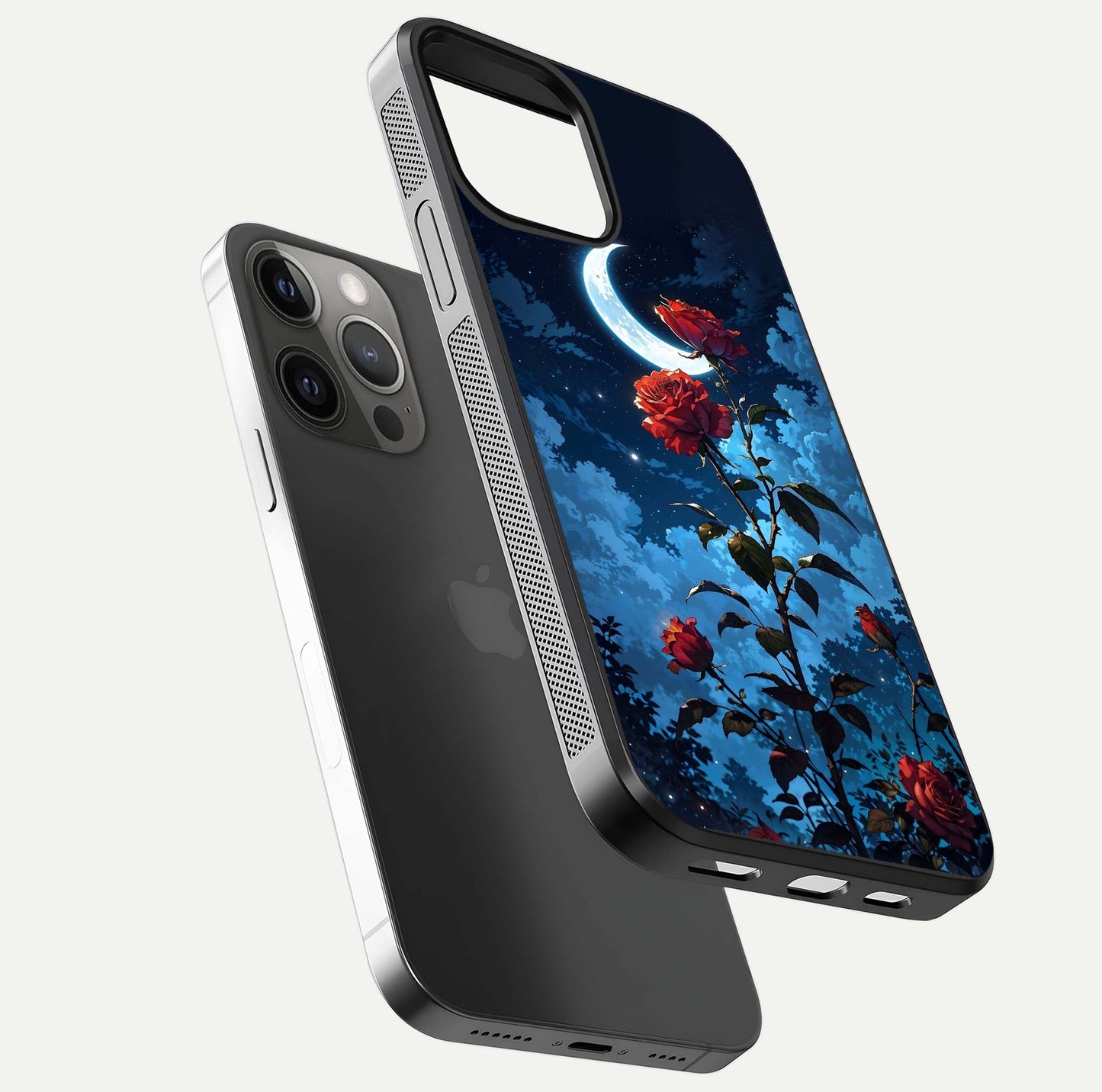 Crimson Rose Moon Glass Case for iPhone 12 Pro Max floating mockup showing HD shine and elegant contrast