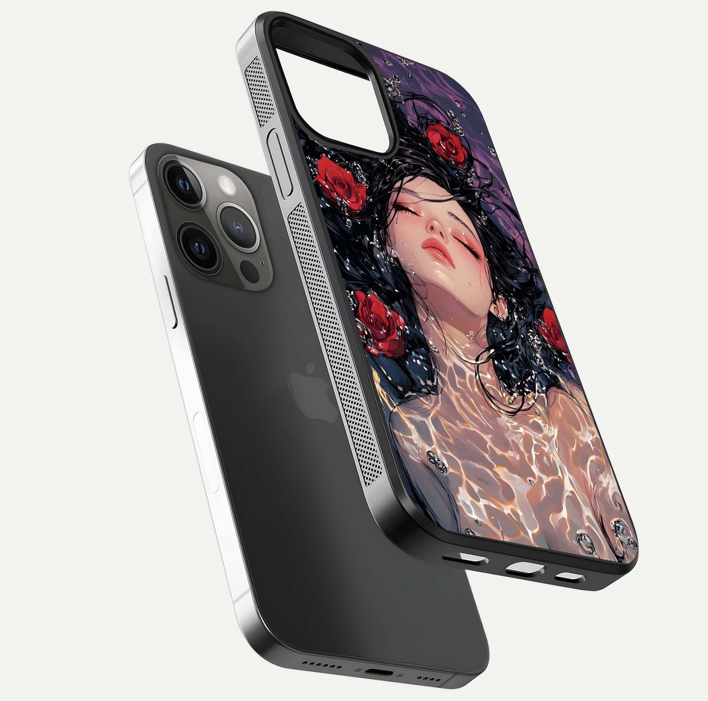 Crimson Rose Serenity Glass Case for iPhone 12 Pro Max floating mockup showing HD gloss and floral texture