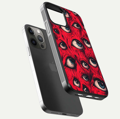 Crimson Watch Eyes Glass Case for iPhone 12 Pro Max floating mockup showing HD polish and bright gloss
