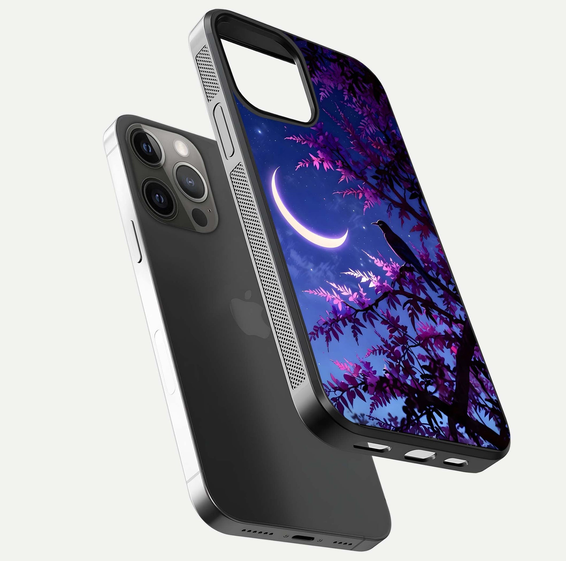 Crow & Moon Scenery Glass Case for iPhone 12 Pro Max floating mockup showing HD gloss texture and soft moonlight glow
