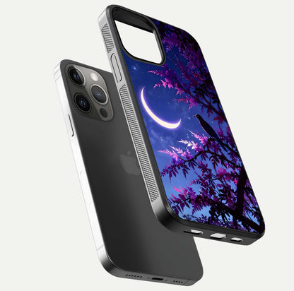 Crow & Moon Scenery Glass Case for iPhone 12 Pro Max floating mockup showing HD gloss texture and soft moonlight glow