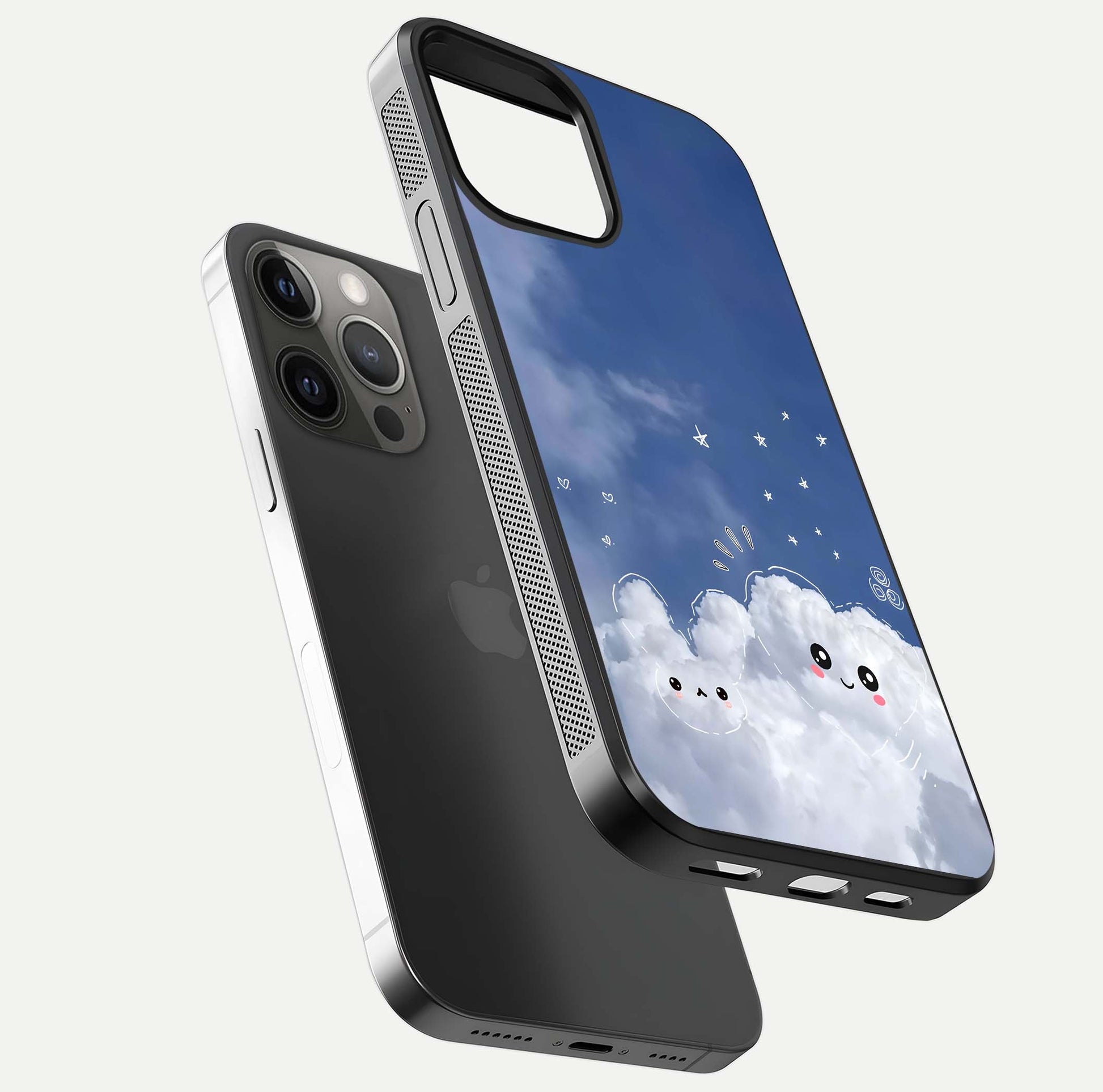 Cute Blossom Cloud Glass Case for iPhone 12 Pro Max floating mockup showing HD shine and soft gradient finish