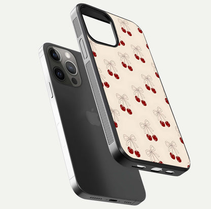 Cute Cherry Pattern Glass Case for iPhone 12 Pro Max floating mockup showing HD gloss shine and clear tones