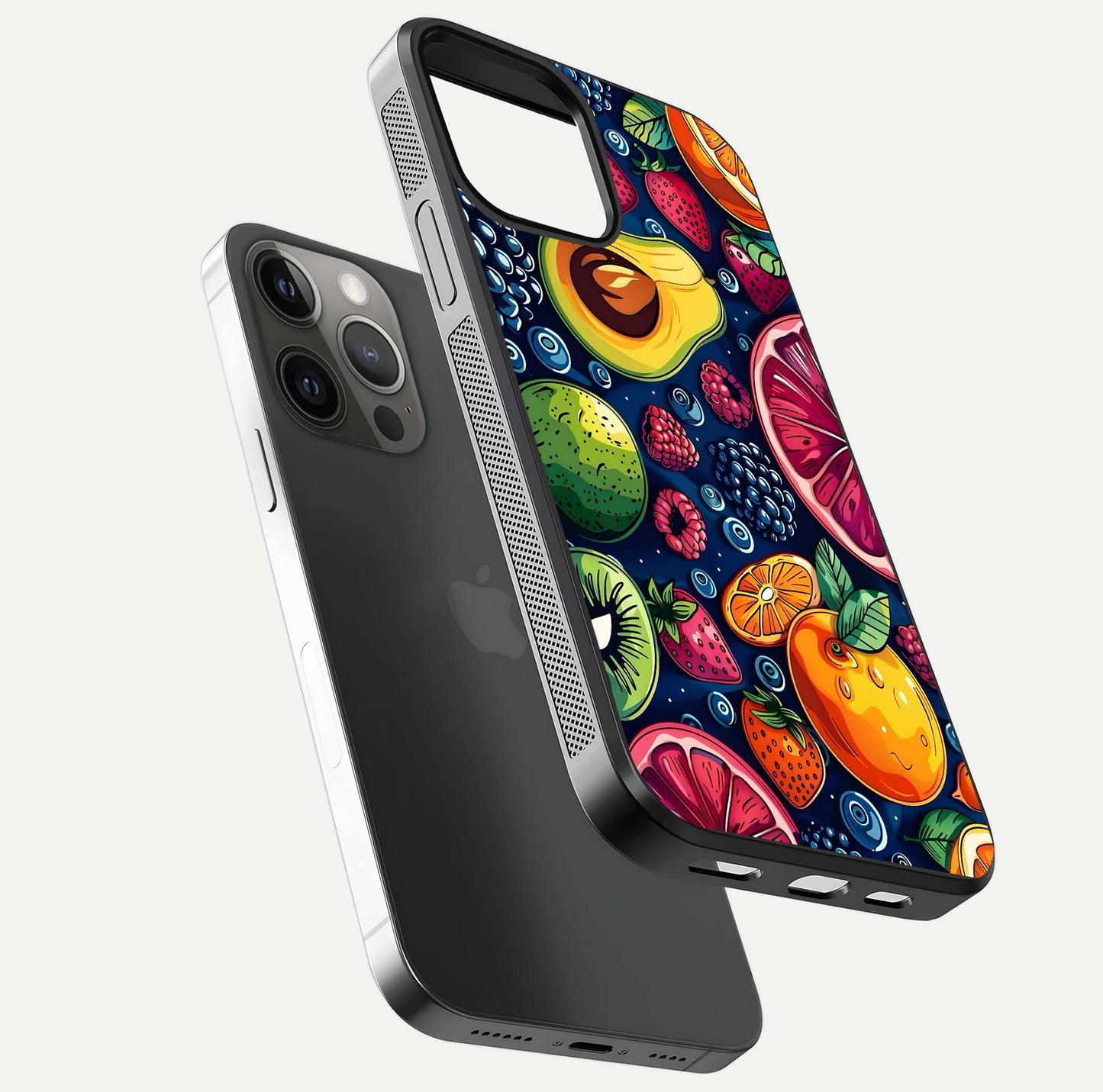 Cute Fruits Art Glass Case for iPhone 12 Pro Max floating mockup showing gloss brightness and vivid artwork