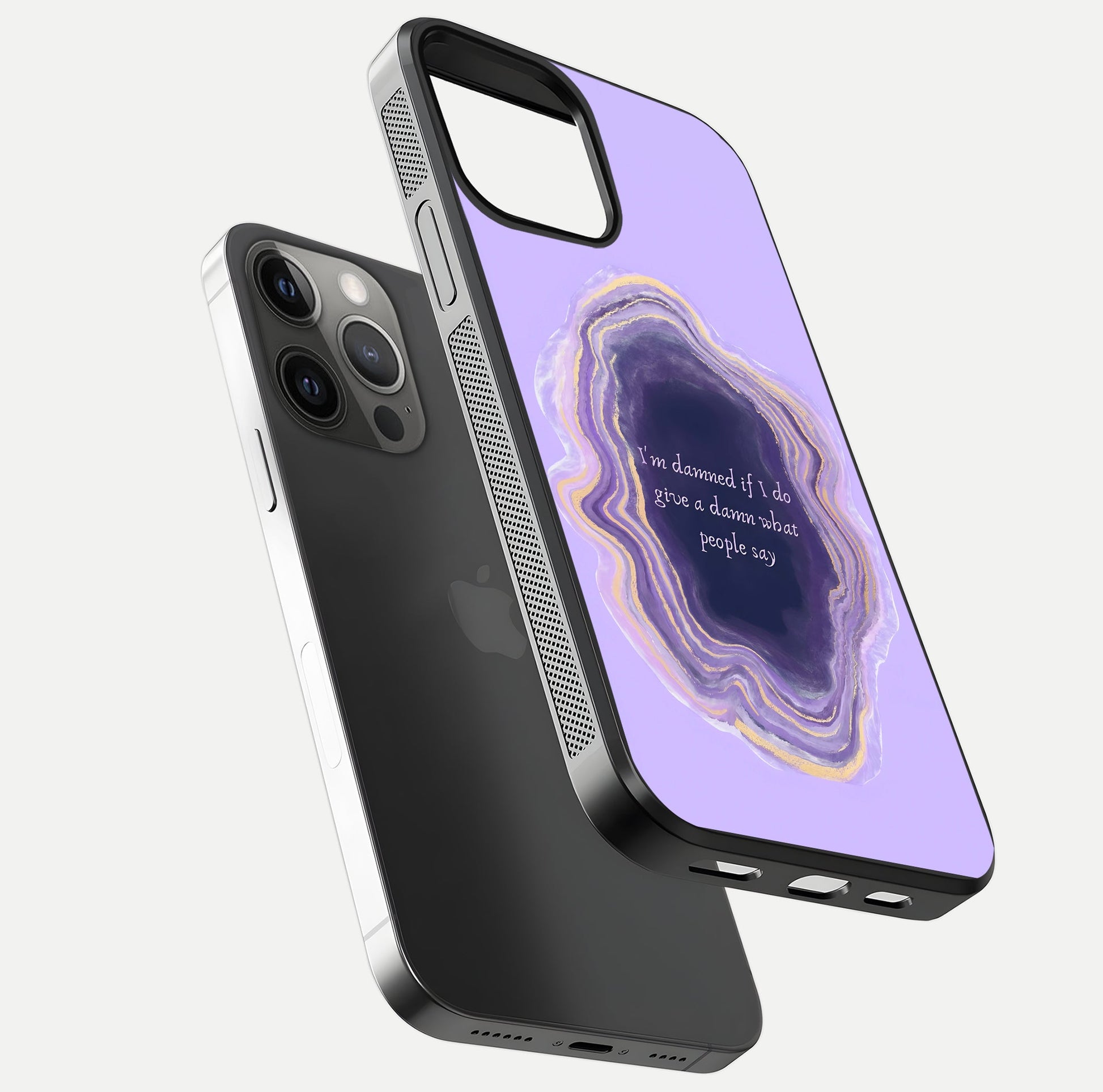 Damned People Quote Glass Case for iPhone 12 Pro Max floating mockup showing gloss reflection and text balance