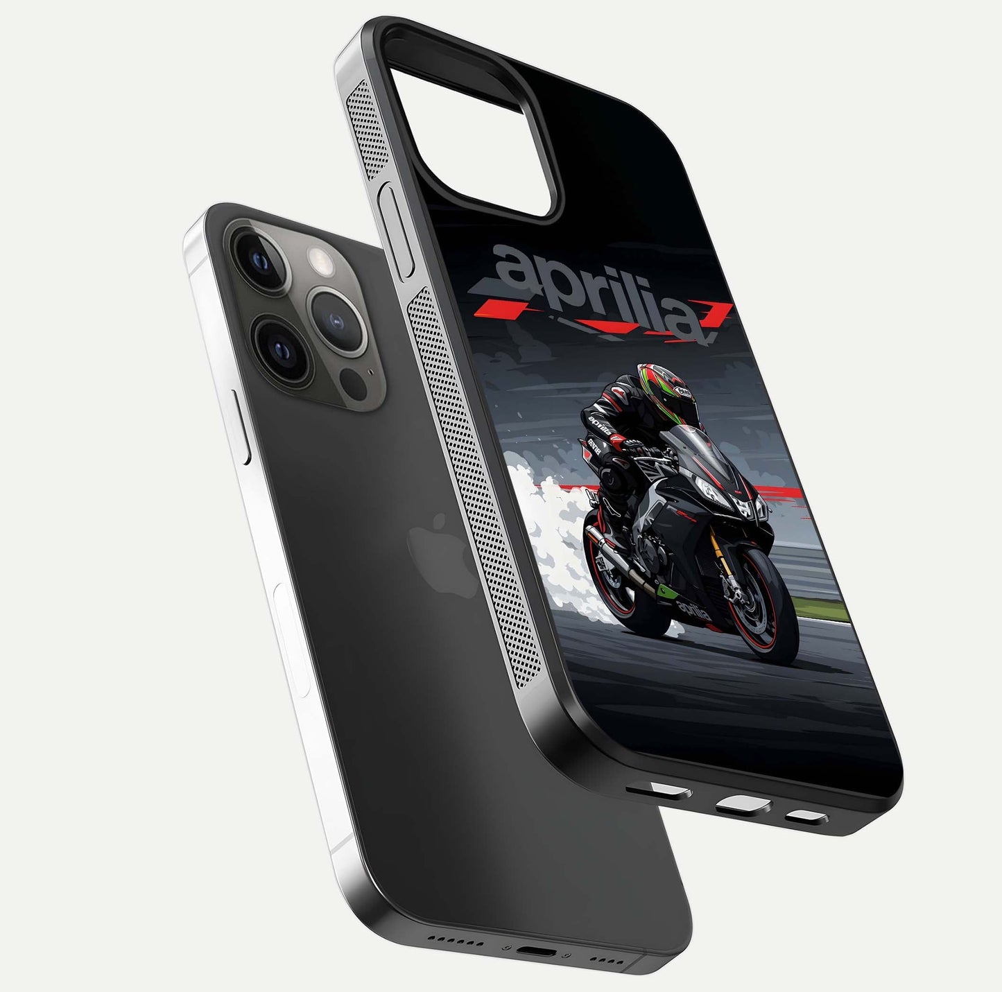 Dark Aprilla Glass Case for iPhone 12 Pro Max floating mockup showing glossy contrast and texture clarity