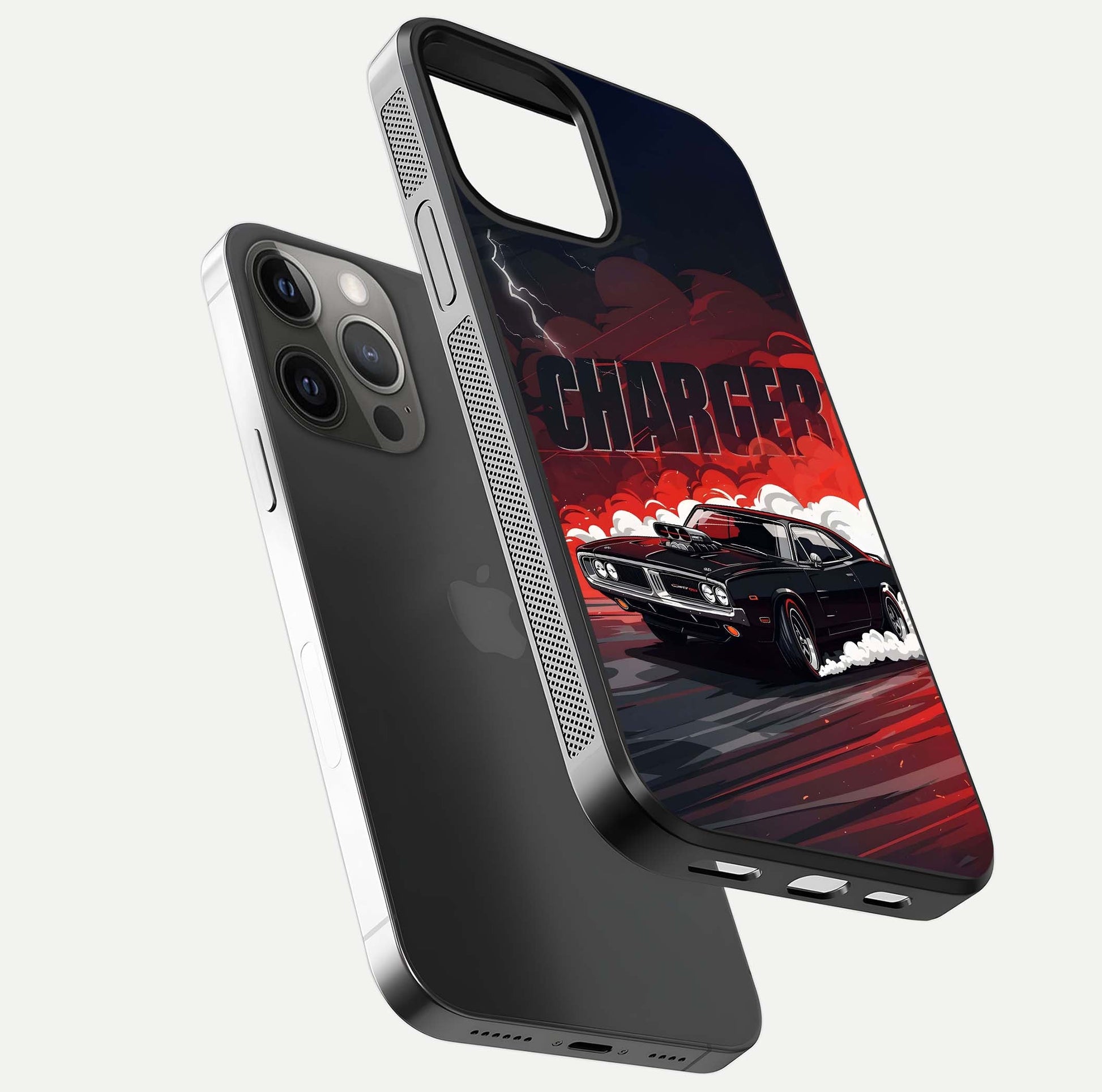 Dark Charger Fury Glass Case for iPhone 12 Pro Max floating mockup showing reflection depth and shiny surface