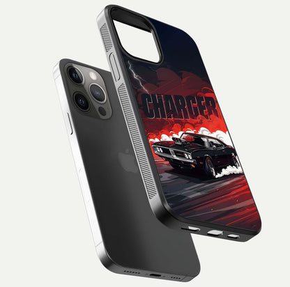 Dark Charger Fury Glass Case for iPhone 12 Pro Max floating mockup showing reflection depth and shiny surface