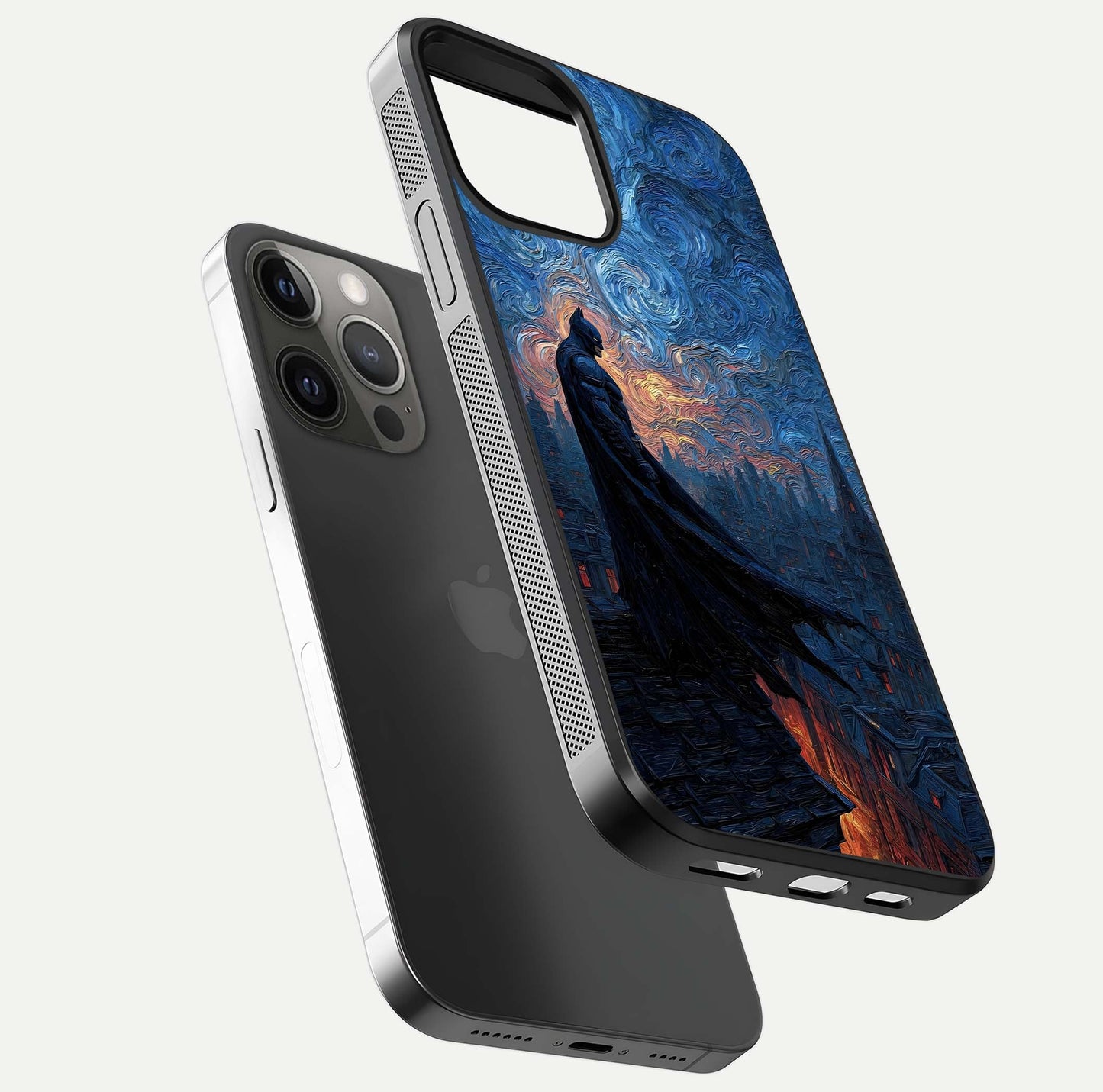 Dark Knight Dusk Glass Case for iPhone 12 Pro Max floating mockup showing glossy depth and cinematic lighting
