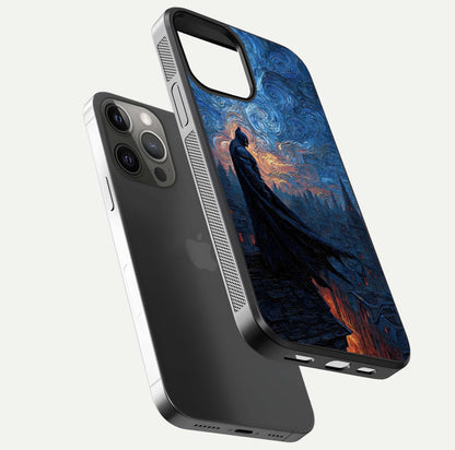 Dark Knight Dusk Glass Case for iPhone 12 Pro Max floating mockup showing glossy depth and cinematic lighting