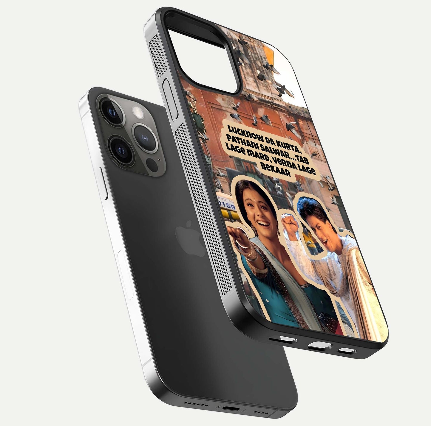 Desi Retro Vibes Glass Case for iPhone 12 Pro Max floating mockup showing shine polish and vivid tones