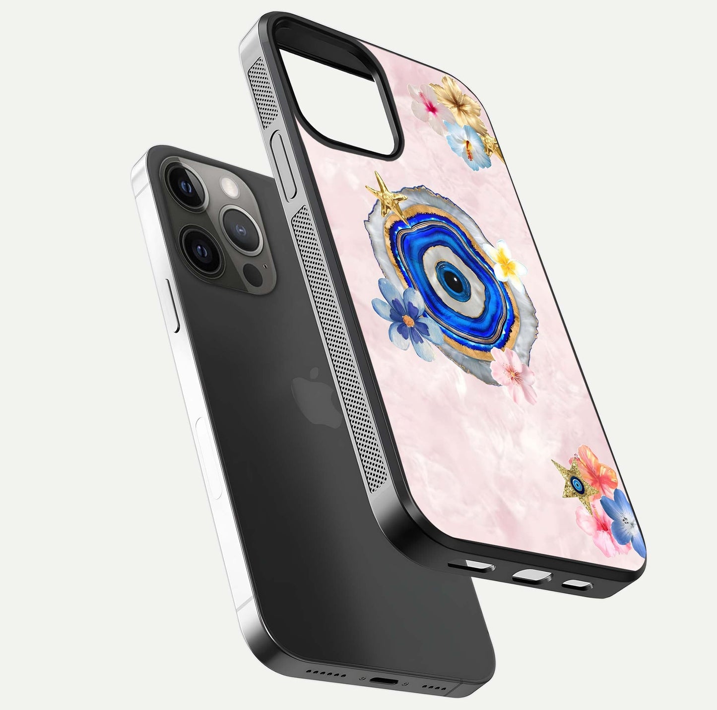 Divine Aura Bloom Glass Case for iPhone 12 Pro Max floating mockup showing gloss texture and elegant design