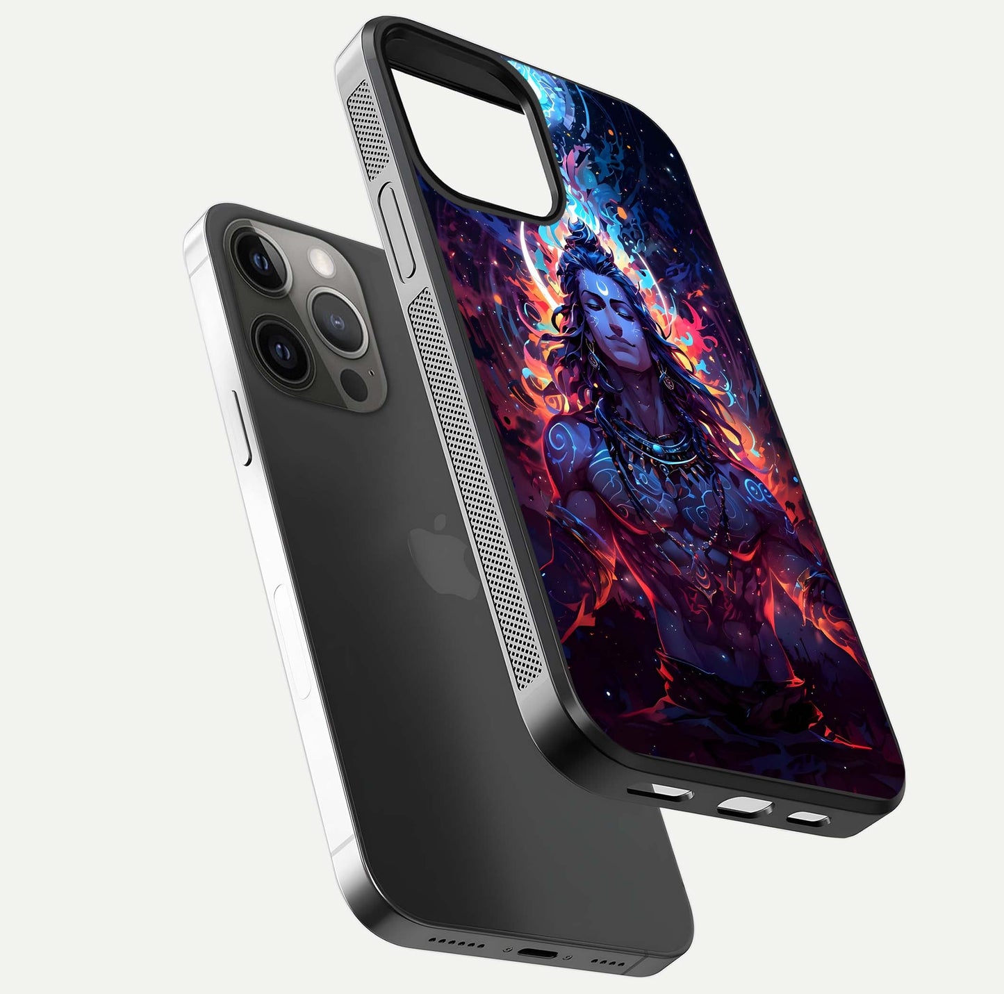Divine Fire Shiv Glass Case for iPhone 12 Pro Max floating mockup showing glow texture and gloss finish