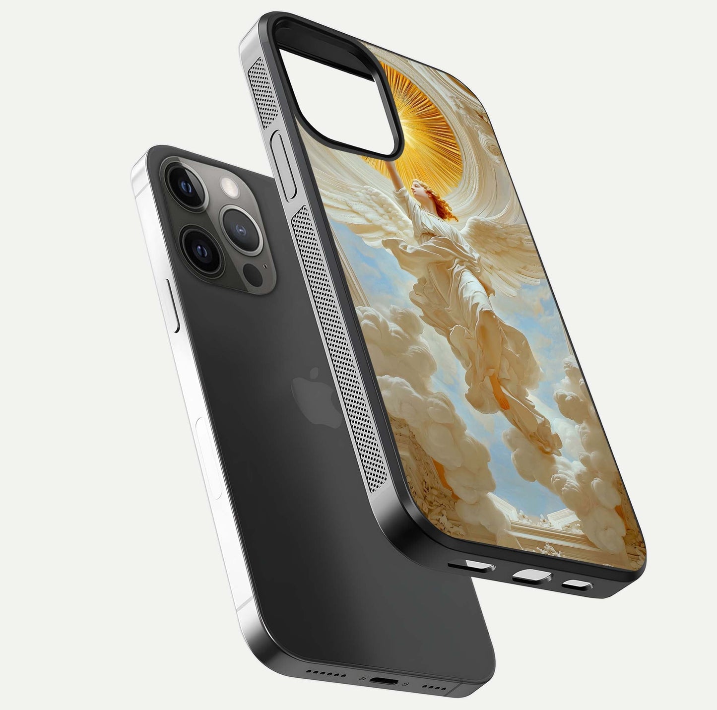 Divine Light Angel Glass Case for iPhone 12 Pro Max floating mockup showing gloss texture and radiant light
