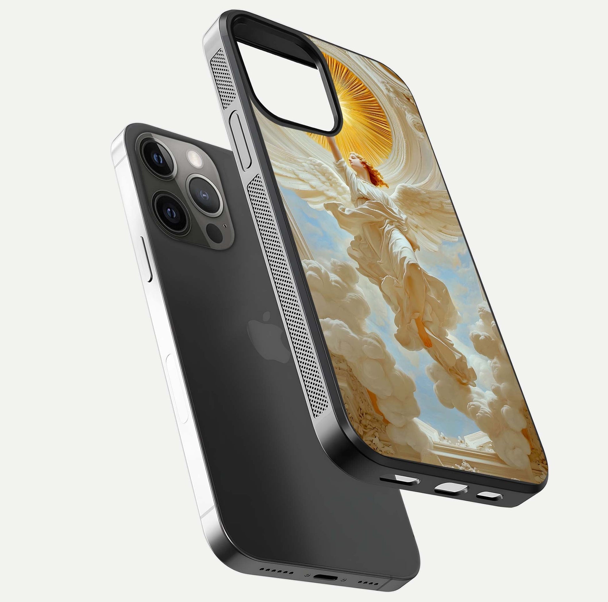 Divine Light Angel Glass Case for iPhone 12 Pro Max floating mockup showing gloss texture and radiant light
