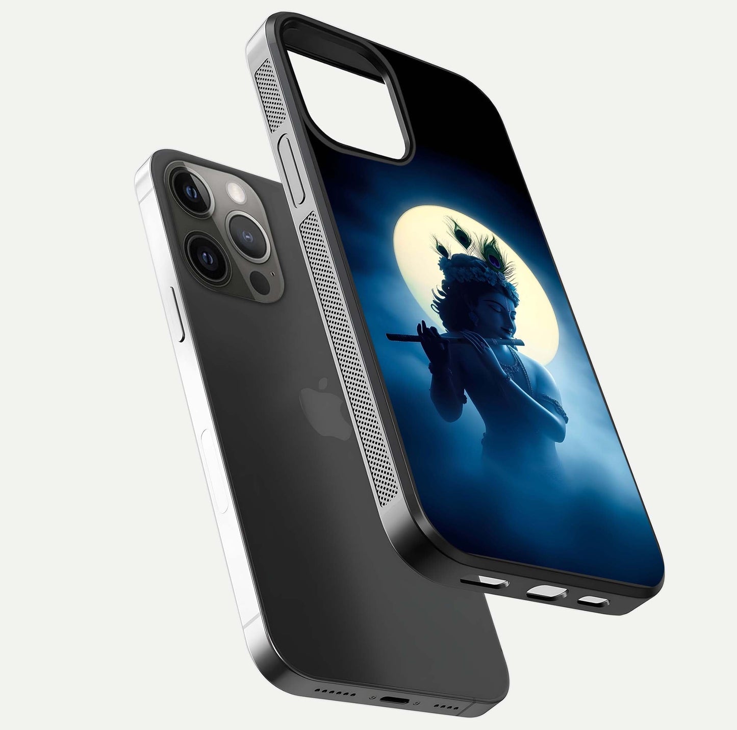 Divine Moon Flute Glass Case for iPhone 12 Pro Max floating mockup showing HD gloss and luminous texture