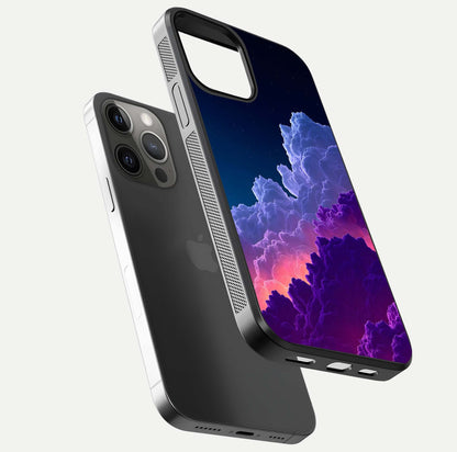 Dreamy Cloud Skies Glass Case for iPhone 12 Pro Max floating mockup showing glossy depth and delicate tone