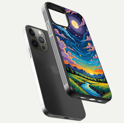 Dreamy Night Landscape Glass Case for iPhone 12 Pro Max floating mockup showing glossy depth and serene color