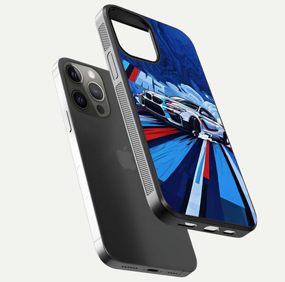Drift Power Rush Glass Case for iPhone 12 Pro Max floating mockup showing gloss polish and speed-theme design