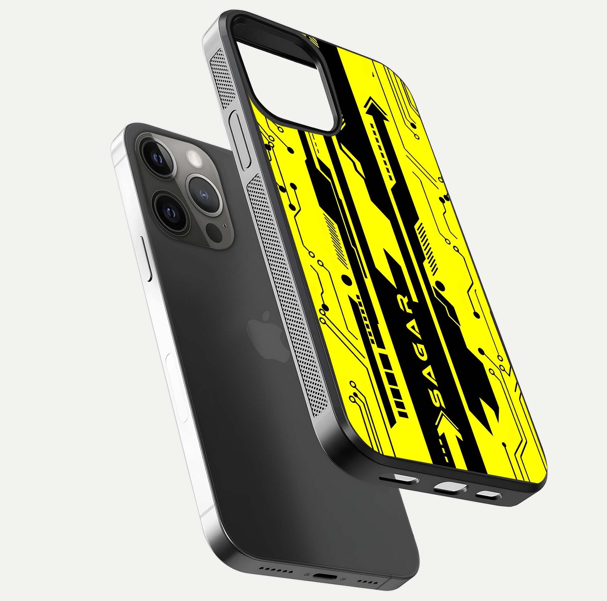 Electric Pulse CYBERPUNK Custom Name Glass Case for iPhone 12 Pro Max floating mockup showing HD gloss and vibrant cyberpunk glow