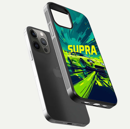 Electric Supra Thunder Glass Case for iPhone 12 Pro Max floating mockup showing gloss depth and energy glow