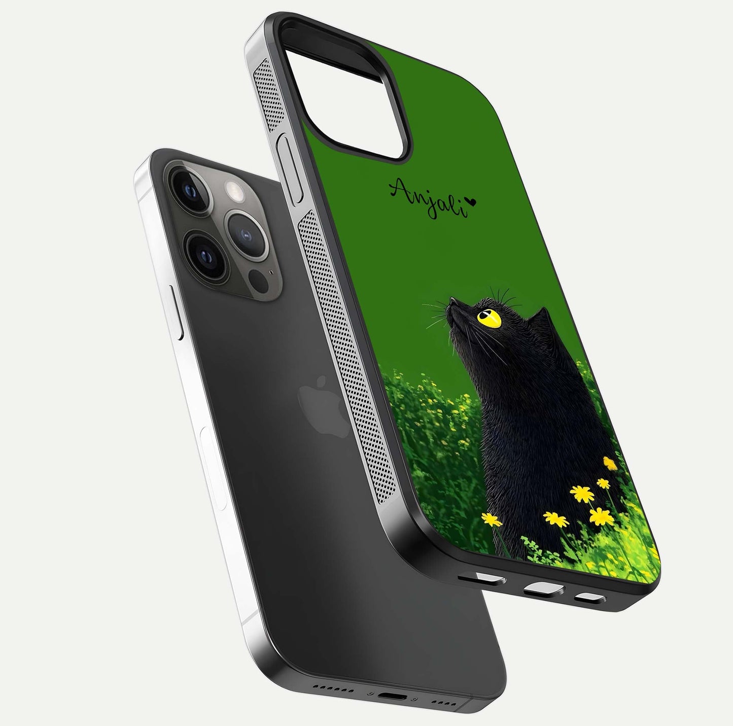 Emerald Cat Custom Name Glass Case for iPhone 12 Pro Max floating mockup showing HD gloss and soft gradient