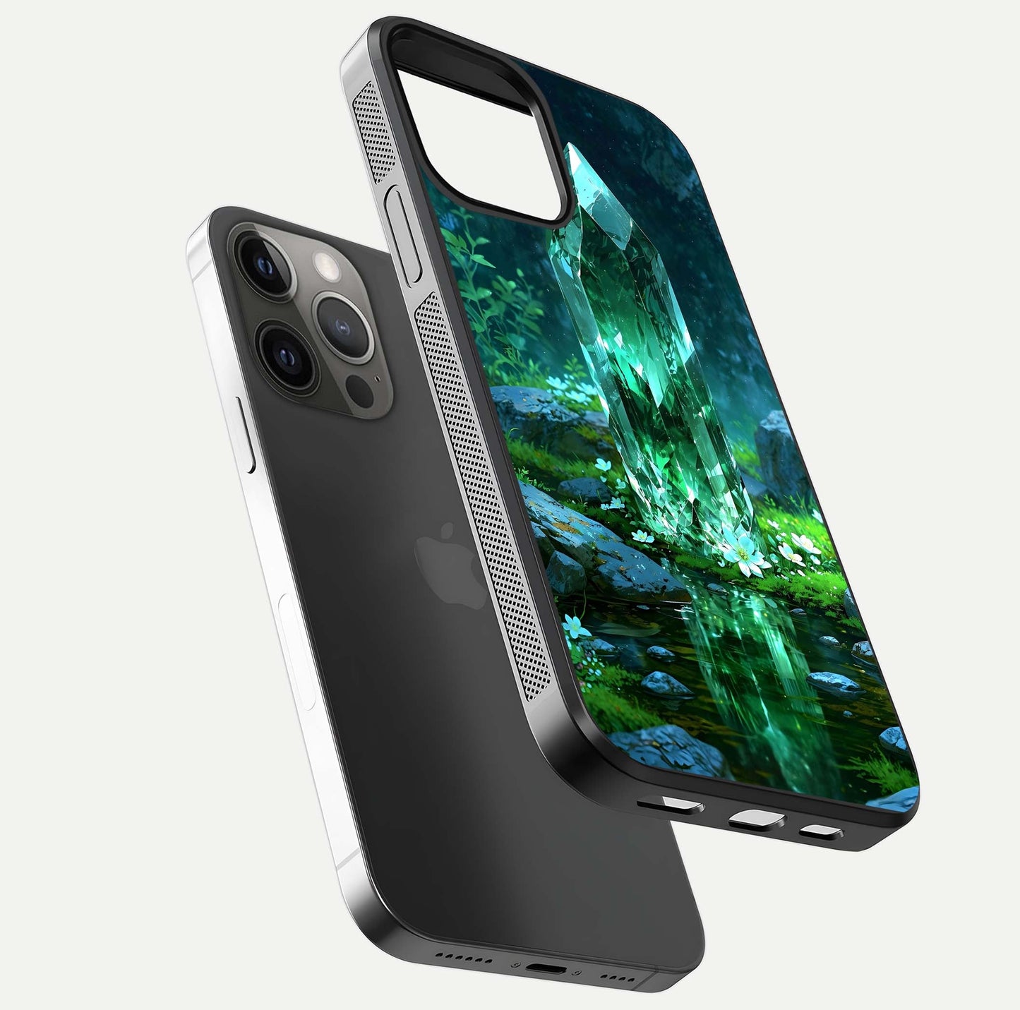 Emerald Light Crystal Glass Case for iPhone 12 Pro Max floating mockup showing glossy finish and radiant light pattern