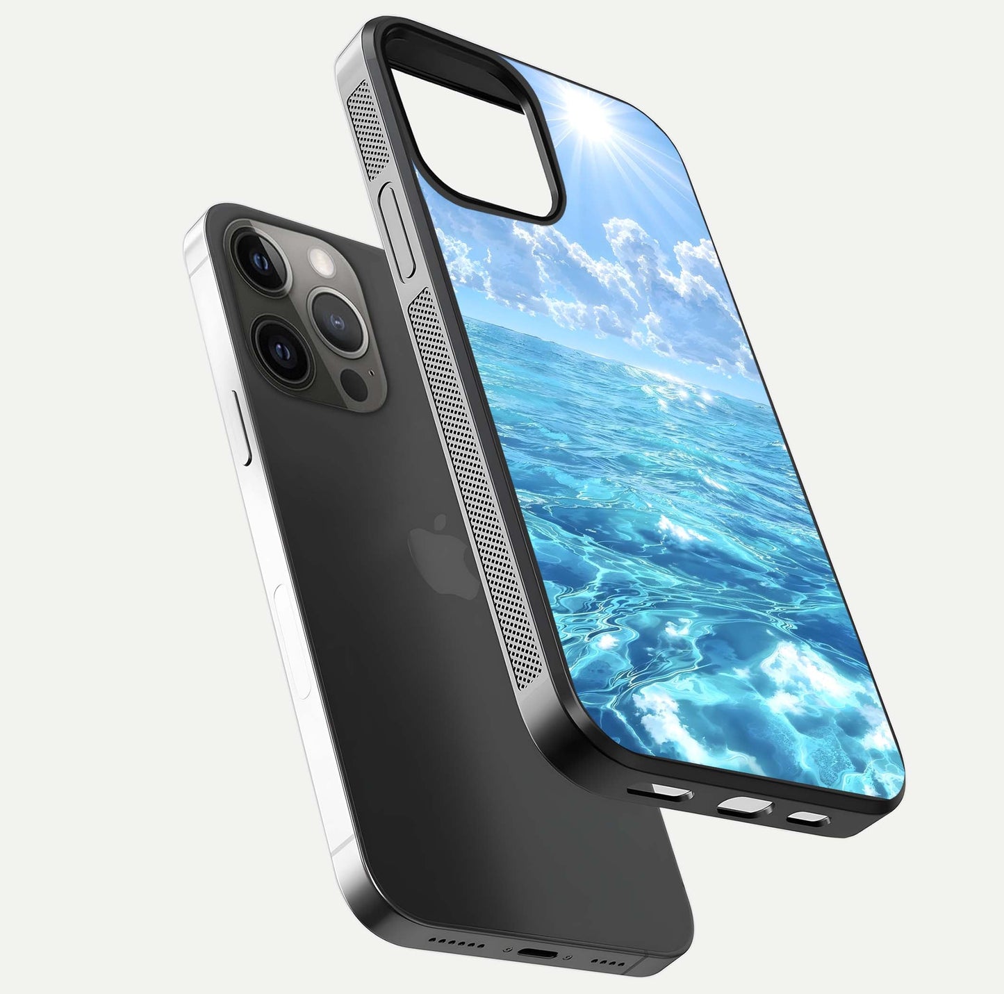 Endless Ocean Horizon Glass Case for iPhone 12 Pro Max floating mockup showing HD gloss and tranquil color