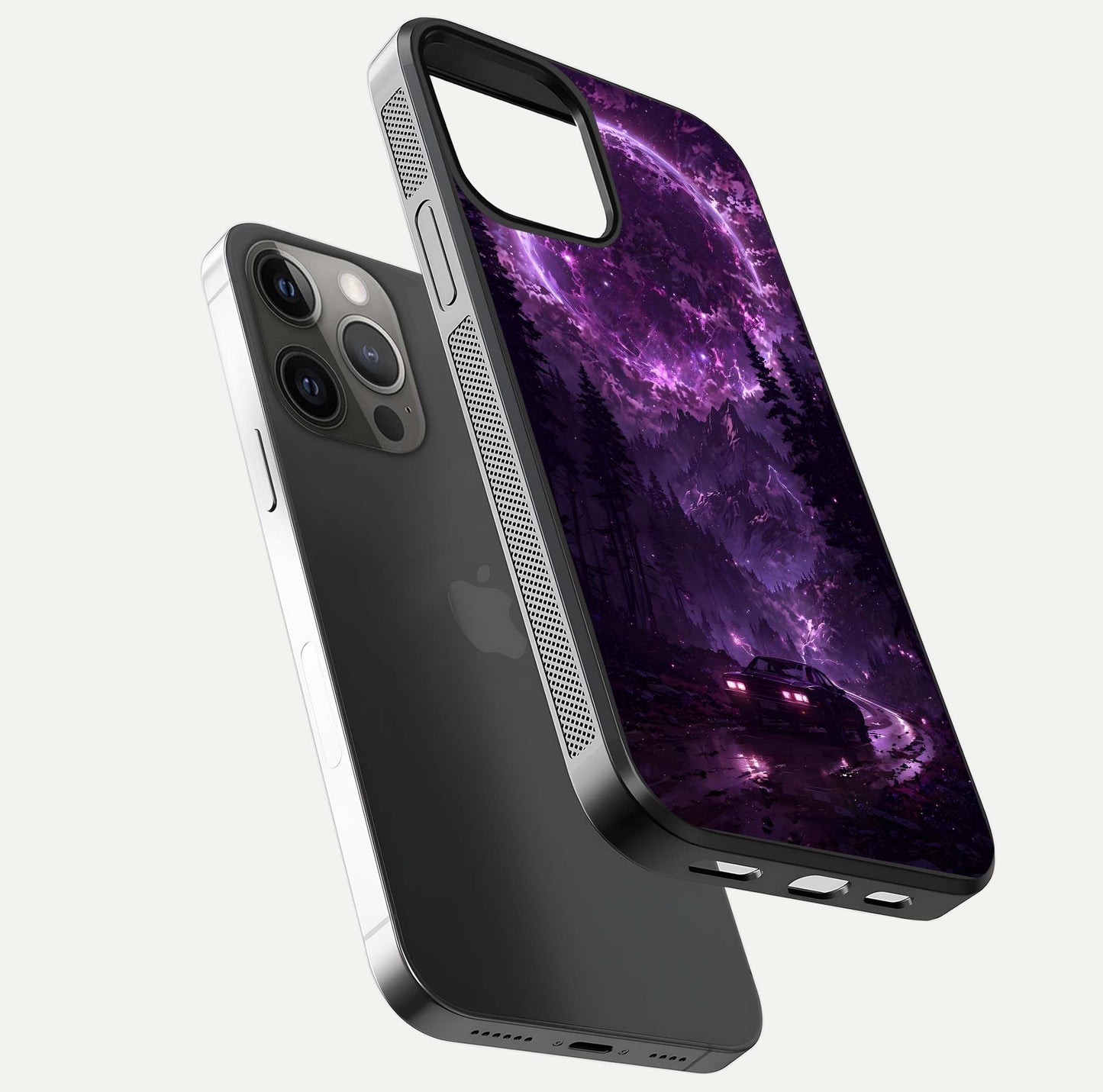 Eternal Cosmic Drive Glass Case for iPhone 12 Pro Max floating mockup showing glossy polish and vivid glow