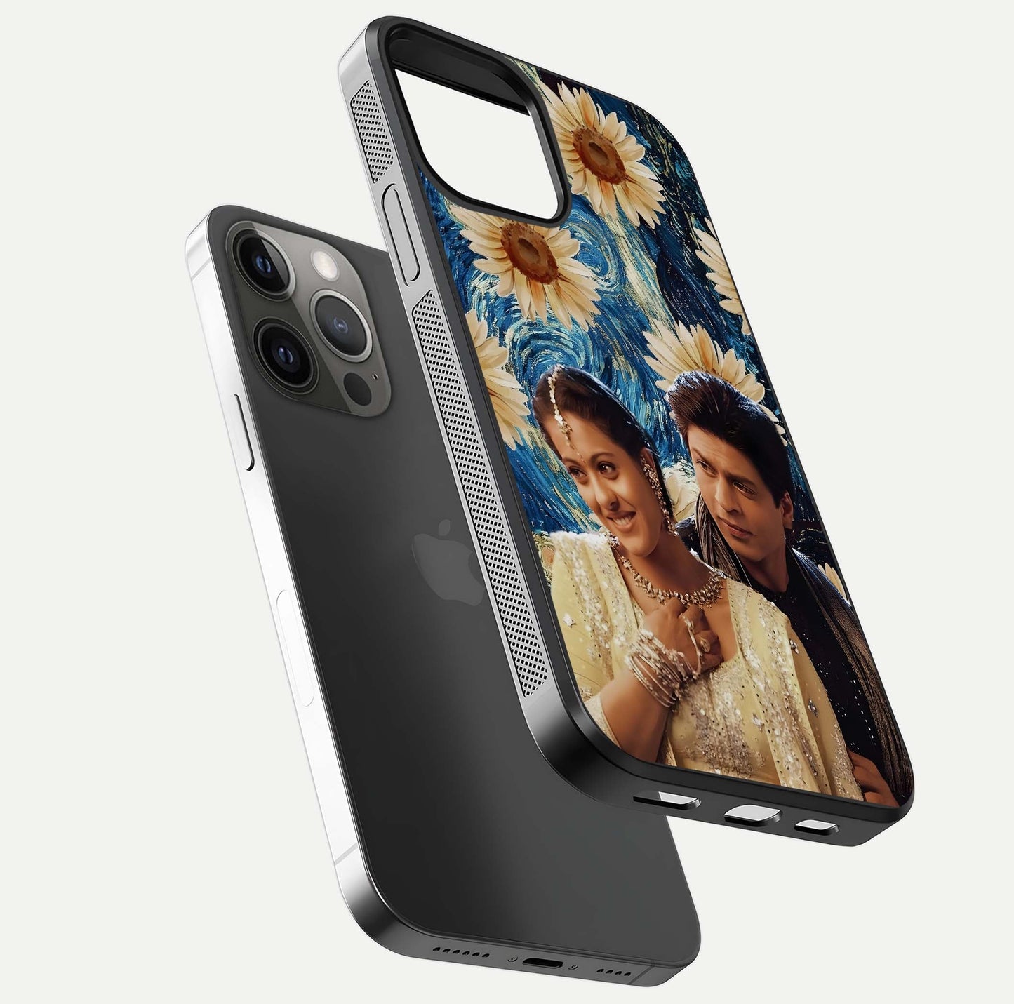 Eternal Love Story Glass Case for iPhone 12 Pro Max floating mockup showing glossy shine and romantic tone