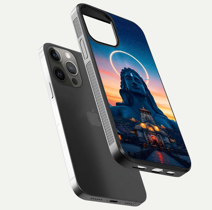 Eternal Shiva Aura Glass Case for iPhone 12 Pro Max floating mockup showing gloss texture and spiritual glow
