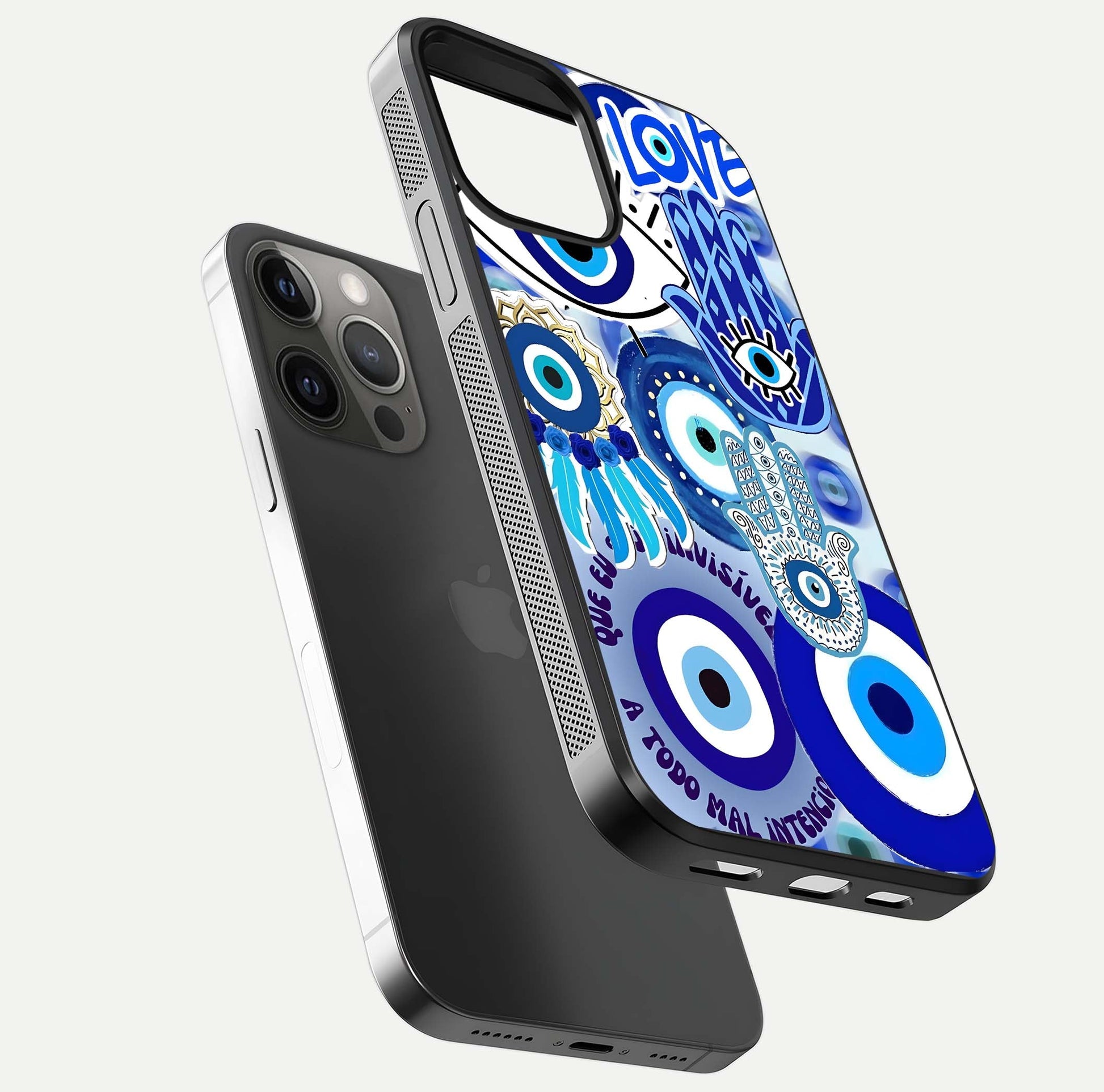 Evil Eyes Dream Glass Case for iPhone 12 Pro Max floating mockup showing glossy shine and elegant pattern clarity