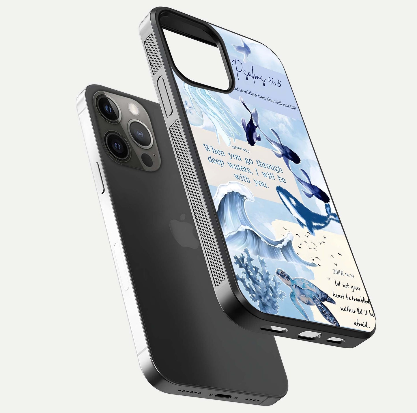 Faithful Ocean Promise Glass Case for iPhone 12 Pro Max floating mockup displaying glossy surface and vivid depth