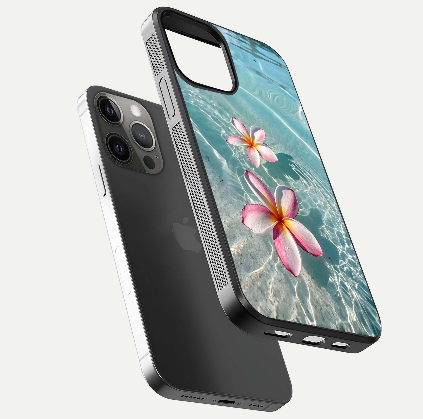 Floating Bloom Bliss Glass Case for iPhone 12 Pro Max floating mockup showing HD gloss shine and floral texture