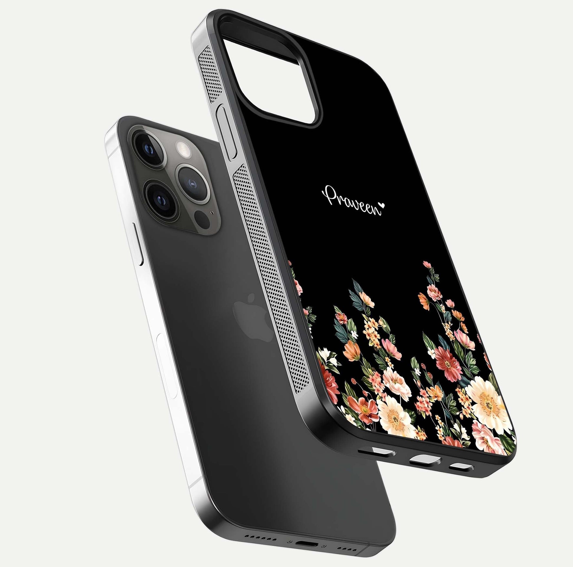 Floral Design Personalized Custom Name Glass Case for iPhone 12 Pro Max floating mockup showing reflection polish and vivid colors