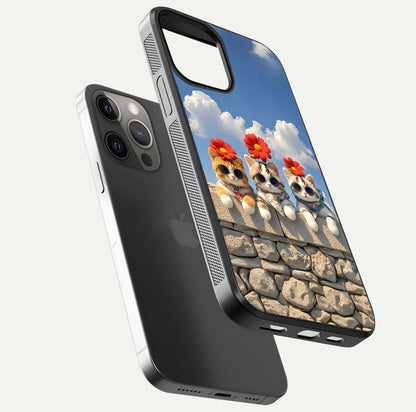 Floral Kitty Squad Glass Case for iPhone 12 Pro Max floating mockup showing gloss texture and playful charm