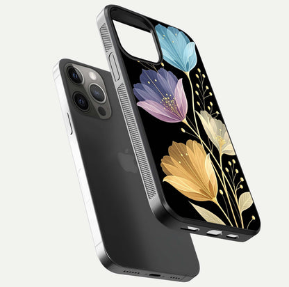 Flower Bloom Glow Glass Case for iPhone 12 Pro Max floating mockup showing HD shine and artistic detail