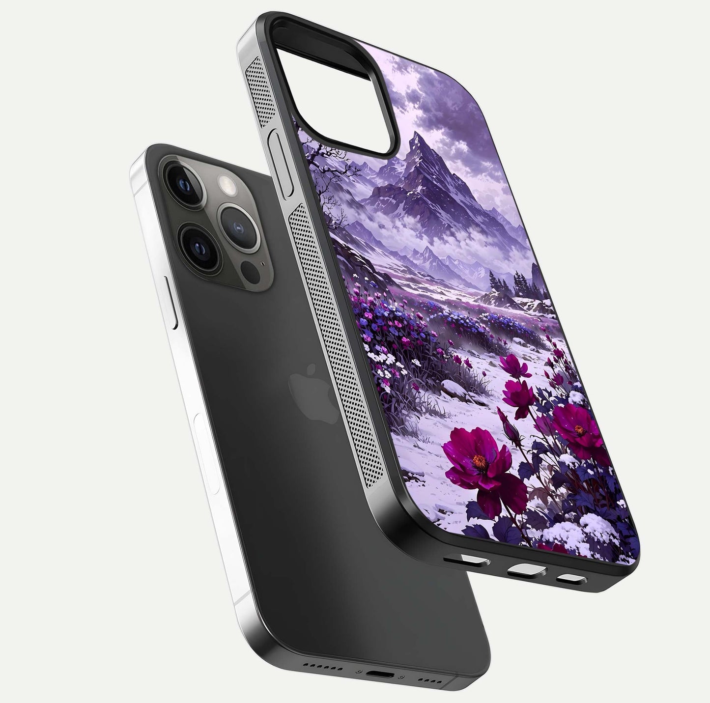 Flower Mountain View Glass Case for iPhone 12 Pro Max floating mockup showing reflection glow and artistic clarity