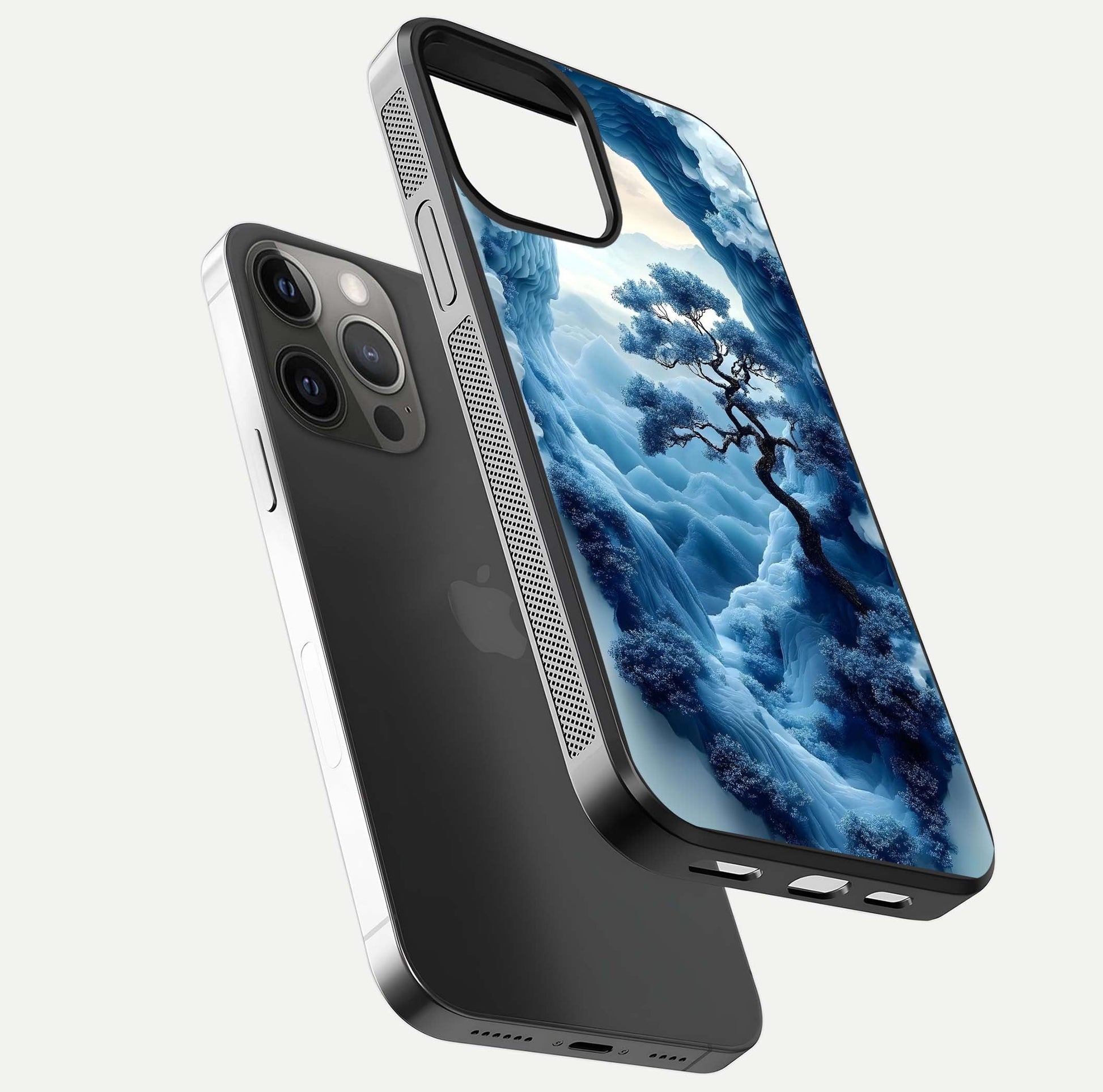 Frozen Serenity Gate Glass Case for iPhone 12 Pro Max floating mockup showing glossy depth and crystal glow