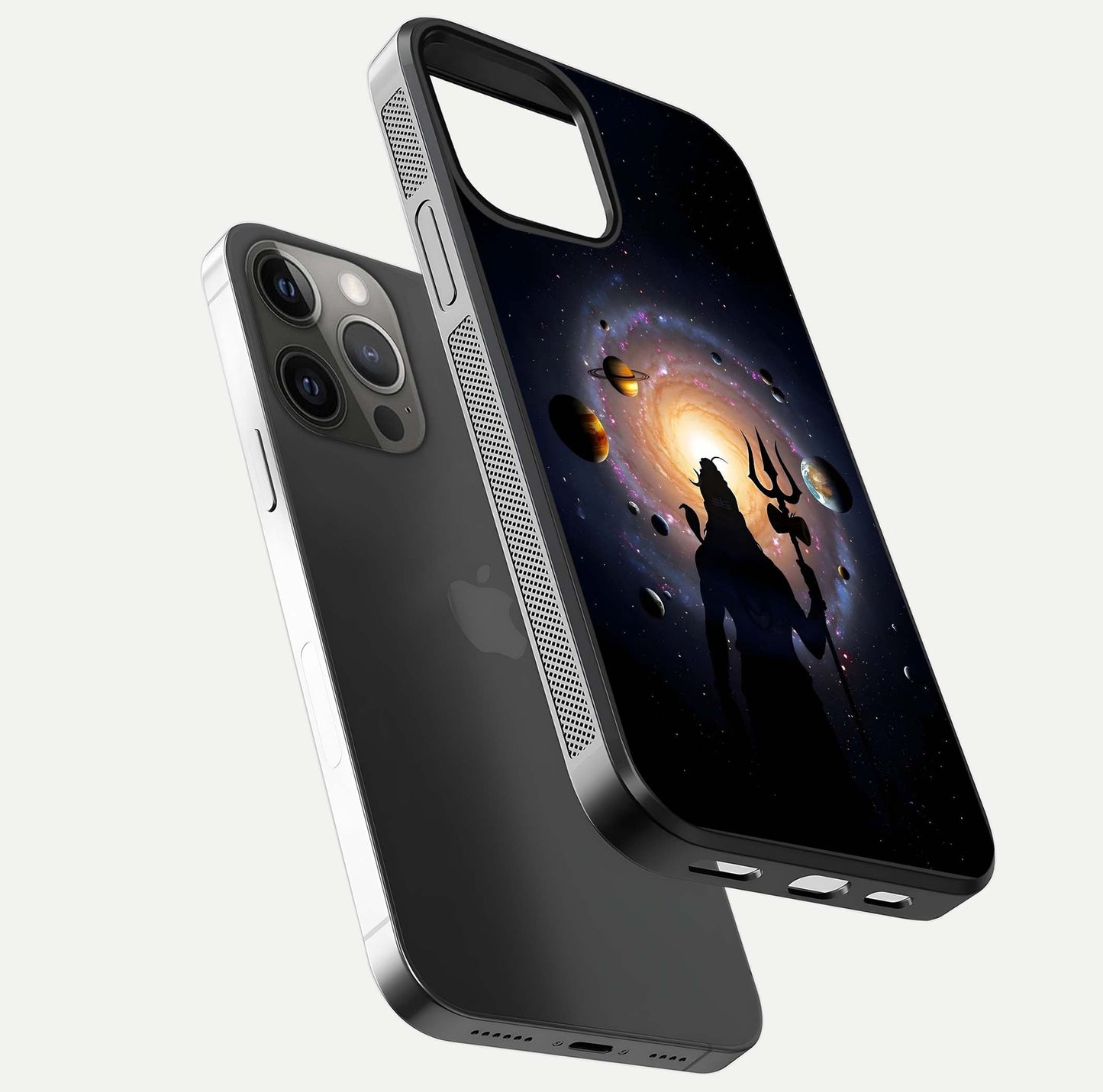 Galactic Shiva Vision Glass Case for iPhone 12 Pro Max floating dual-view mockup displaying vibrant cosmic colors and smooth gloss texture