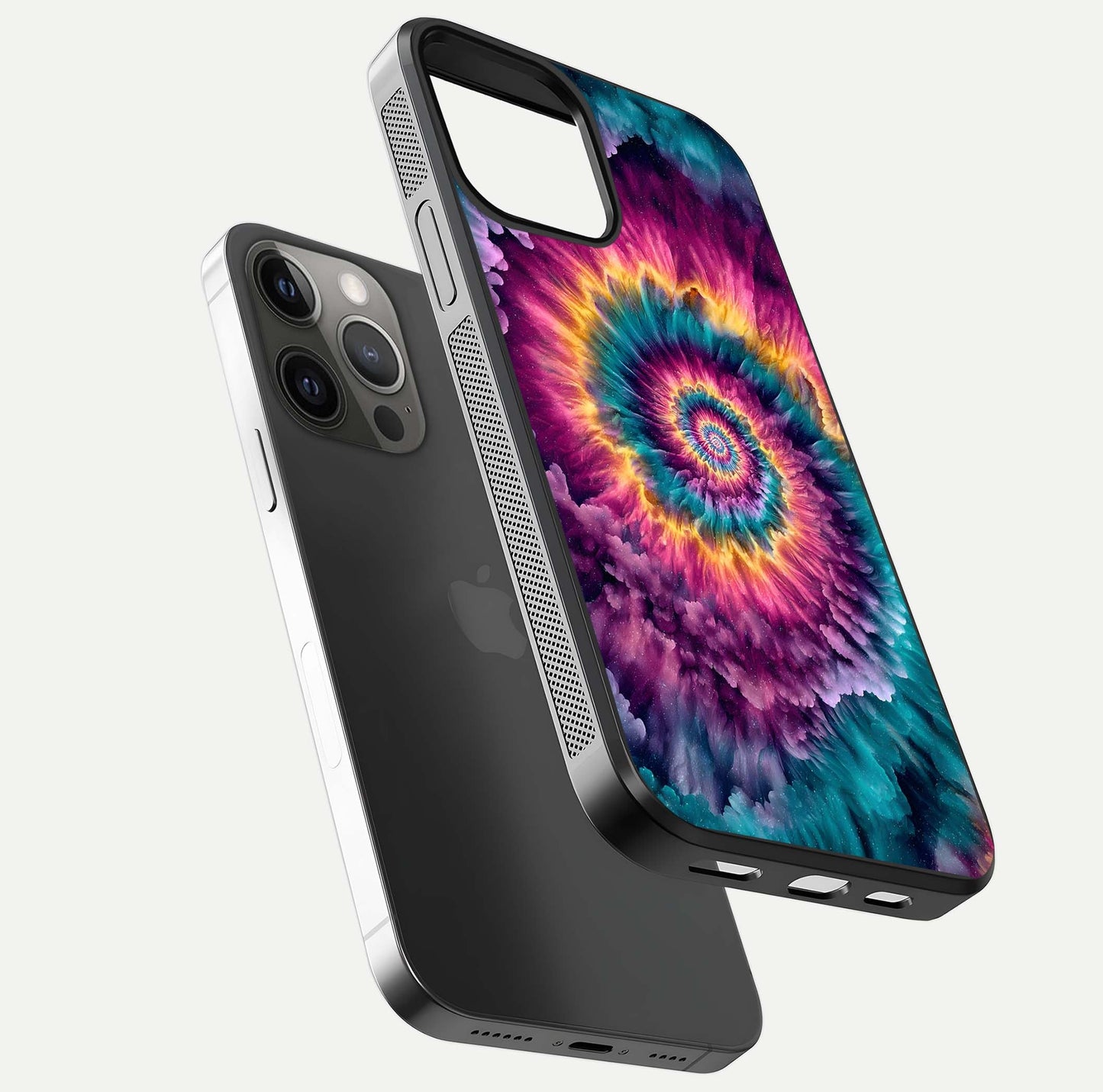 Galactic Spiral Burst Glass Case for iPhone 12 Pro Max floating dual-view mockup displaying light trails and smooth gloss shine